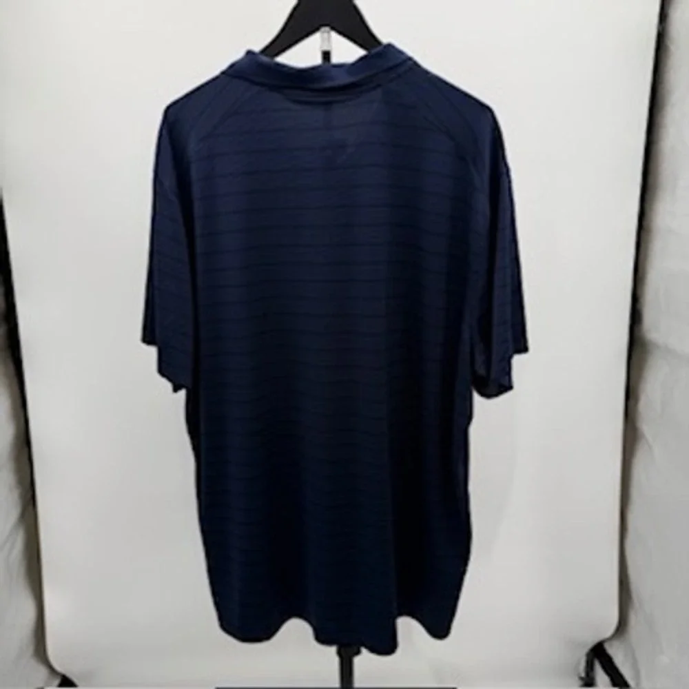 Nike Dri-FIT Mens‎ XXL Navy Blue Striped Short Sleeve Golf Polo Shirt Red Swoosh